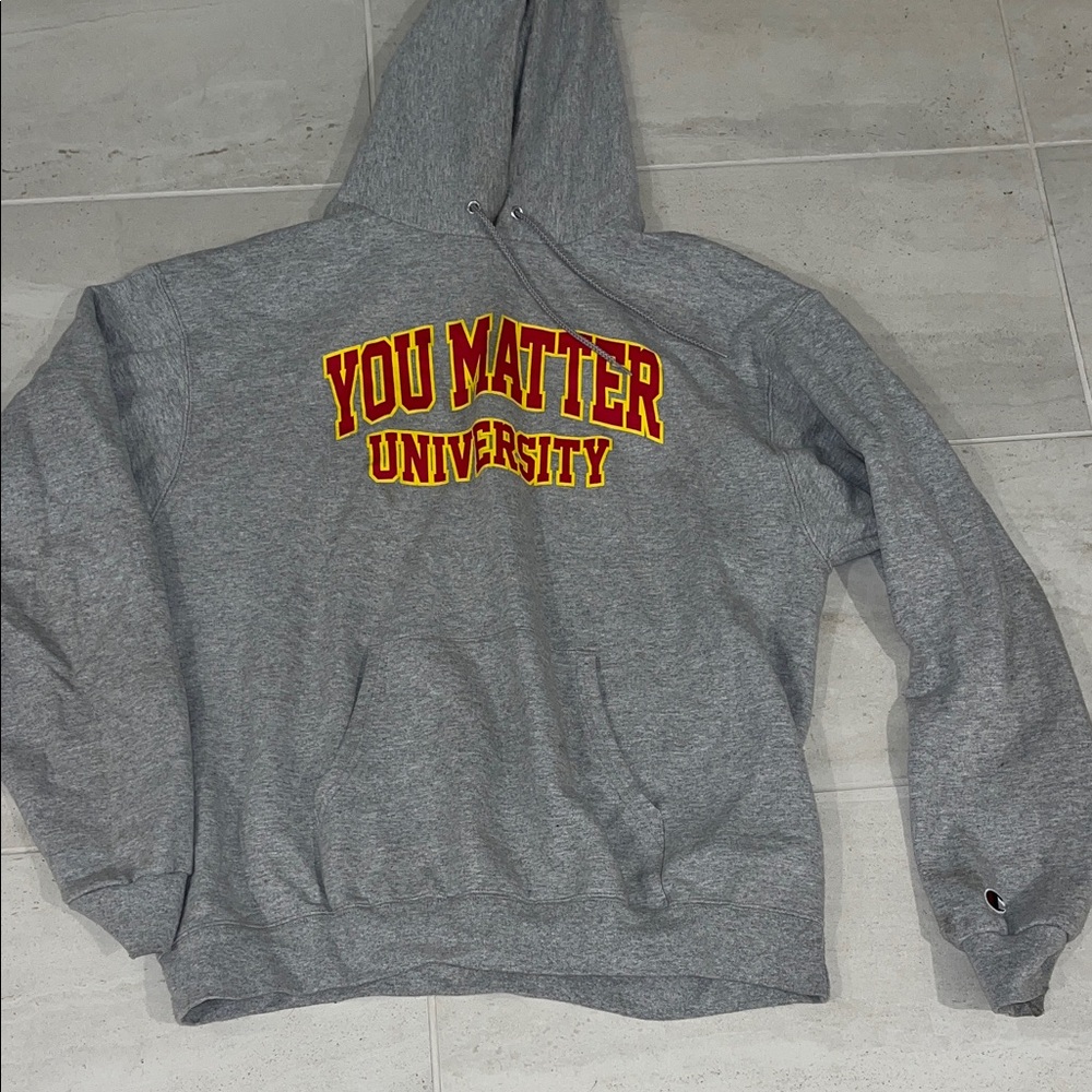 Champion Gray Hoodie with Red and Yellow Print
